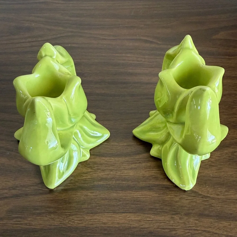 Vintage Chartreuse Green Ceramic Tulips Floral Candle Holder Set of 2 MCM READ